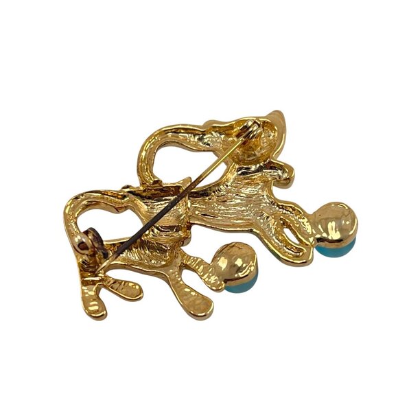 Vintage Gold Tone Cat Brooch With Turquoise Ball Two Cats Design - Picture 6 of 8